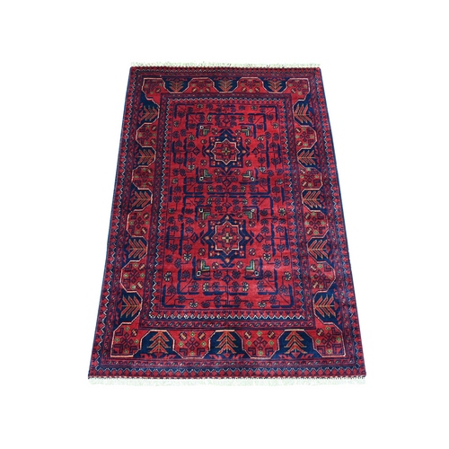 Deep and Saturated Red, Afghan Khamyab, Soft and Shiny Wool, Hand Knotted, Geometric Medallions, Mat, Oriental Rug