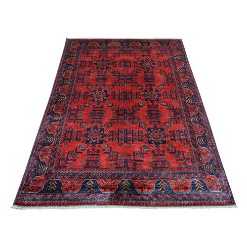 Deep and Saturated Red, Afghan Khamyab with Geometric Medallions Design, Soft and Shiny Wool, Hand Knotted, Oriental Rug