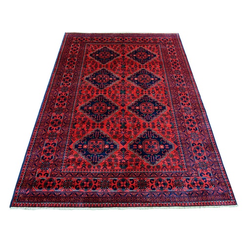 Deep and Saturated Red, Soft Wool, Hand Knotted, Afghan Khamyab with Geometric Design, Oriental Rug