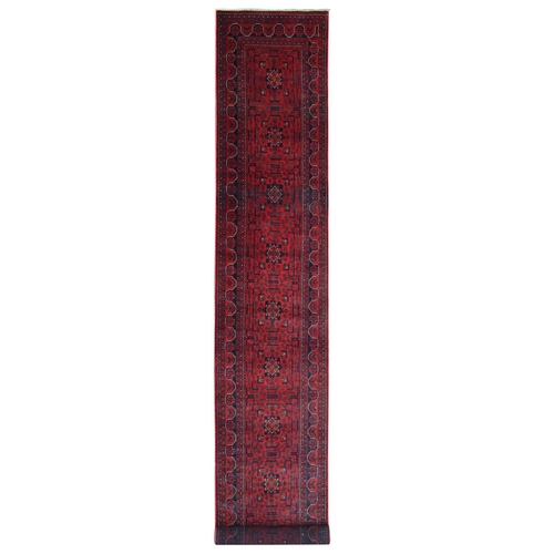 Carmine Red, Afghan Khamyab with Geometric Design, Pure Wool, Hand Knotted, Vegetable Dyes, XL Runner, Oriental Rug