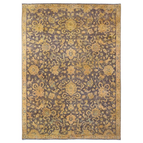 Chocolate Brown, Peshawar with Ziegler Mahal, All Over Design, Distressed, Zero Pile, Hand Knotted, Pure Wool, Oriental 