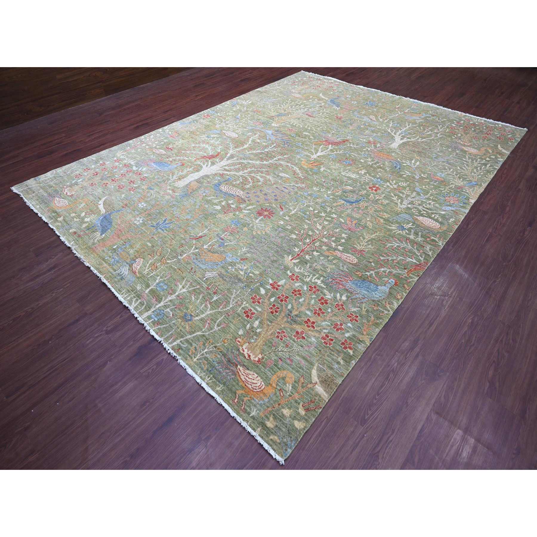 Pickle Green, Hand Knotted, Afghan Peshawar with Colorful Birds of ...