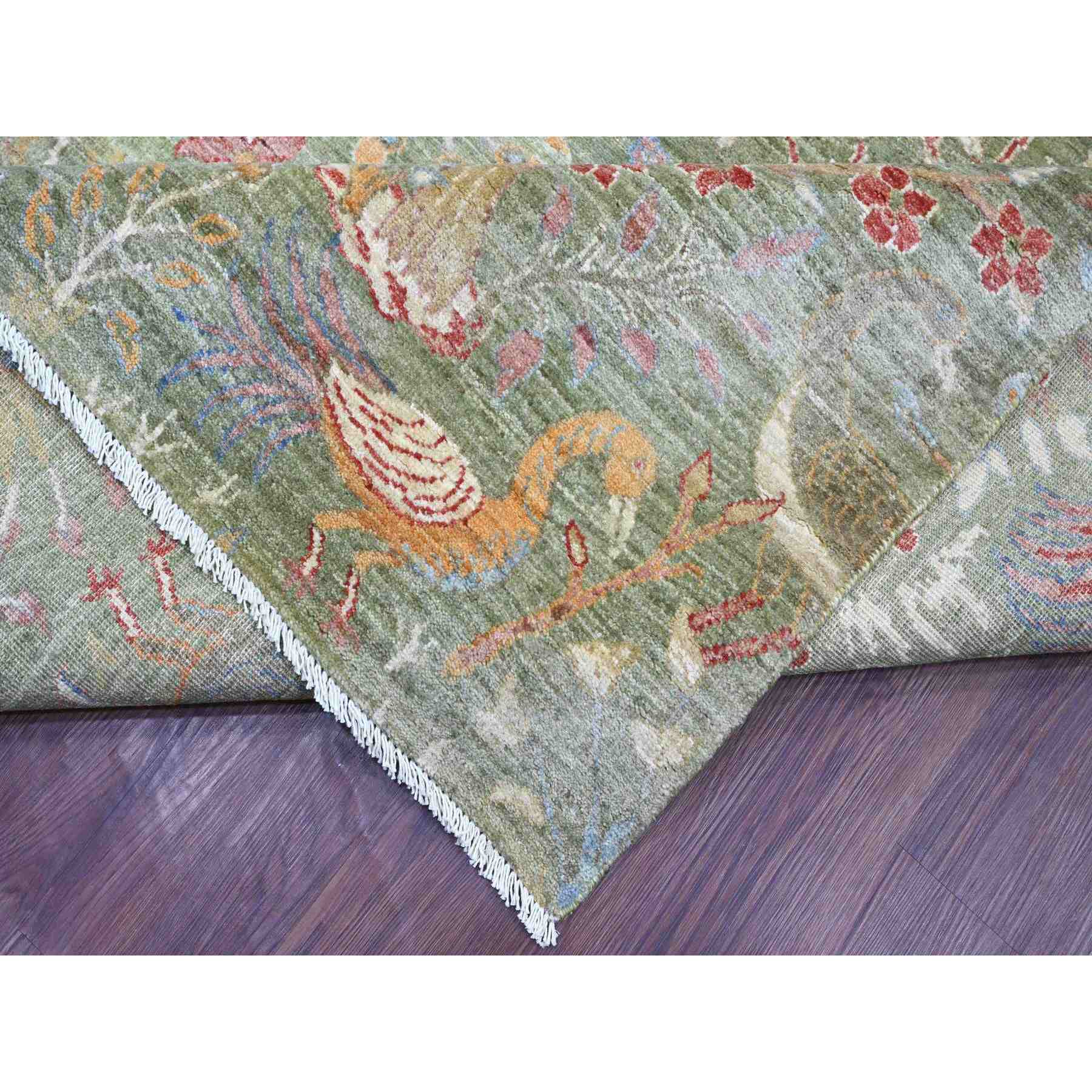 Pickle Green, Hand Knotted, Afghan Peshawar with Colorful Birds of ...
