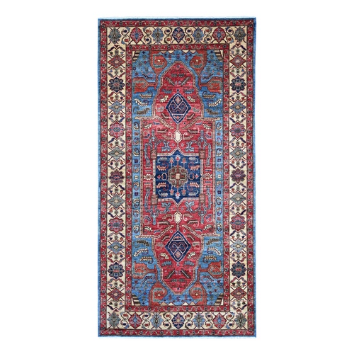 Marlin Blue, Serapi Heriz with Geometric Medallion Design, Aryana Collection, Vegetable Dyes, Hand Knotted, High Mountain Wool, Densely Woven, Extra Wide Runner, Oriental 