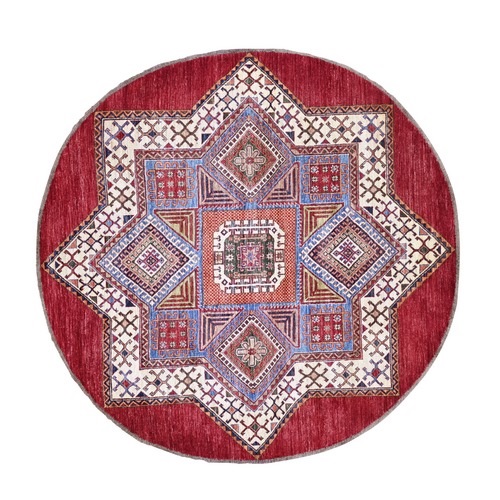 Savvy Red, Afghan Super Kazak with Star Geometric Design, Vegetable Dyes, Pure Wool, Hand Knotted, Round, Oriental 