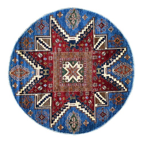 Bayern Blue, Afghan Super Kazak with Star Geometric Design, Vegetable Dyes, Pure Wool, Hand Knotted, Round, Oriental 