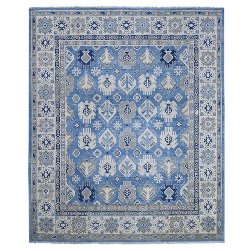 Maya Blue, Hand Knotted, Vintage Look Kazak with All Over Design, 100% Wool, Natural Dyes, Oriental 