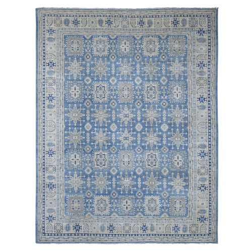 Yonder Blue, Vintage Look Kazak with Geometric Medallions Design, 100% Wool, Hand Knotted, Natural Dyes, Oriental 