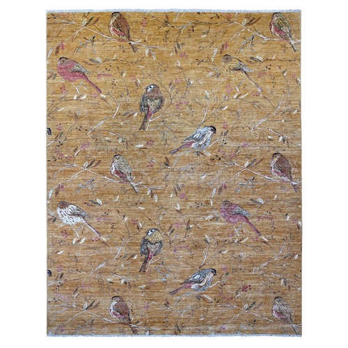 Copper Brown, Soft to the Touch, Finely Hand Knotted, Sparrows on the Tree, Peshawar, High Mountain Wool, Oriental 