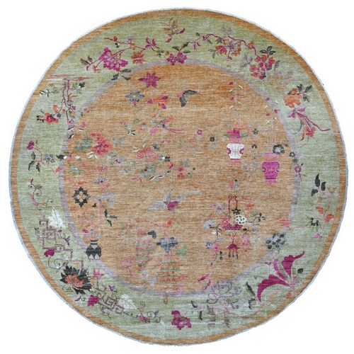 Copper Brown, Chinese Art Deco Inspired Peshawar, 100% Wool, Vegetable Dyes, Hand Knotted, Round, Oriental 