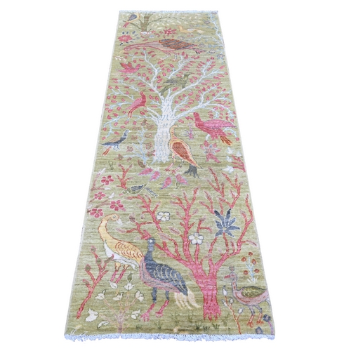 Olive Green, Afghan Peshawar with Colorful Birds of Paradise Design, Hand Knotted, Soft and Vibrant Wool, Natural Dyes, Runner, Oriental 
