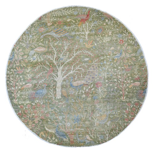 Pickle Green, Afghan Peshawar with Colorful Birds of Paradise Design, Hand Knotted, Pure Wool, Natural Dyes, Round, Oriental 