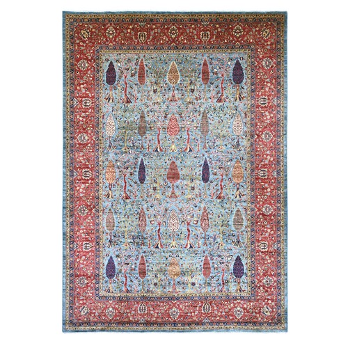 Cerulean Blue, Aryana Grade, Peshawar with All Over Tree Design, High Mountain Wool, Hand Knotted, Vegetable Dyes, Densely Woven, Oriental 