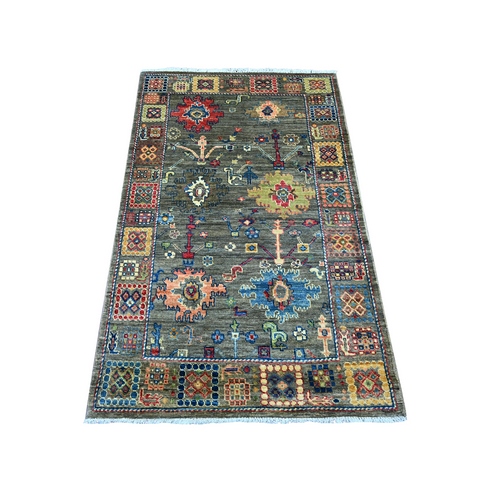 Carbon Gray, Aryana Collection, Peshawar with Colorful Ziegler Mahal Design, High Mountain Wool, Denser Weave, Hand Knotted, Vegetable Dyes, Oriental 
