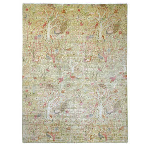 Savannah Green, Afghan Peshawar with Birds of Paradise Design, Soft and Shiny Wool, Hand Knotted, Vegetable Dyes, XL, Oversized, Oriental 