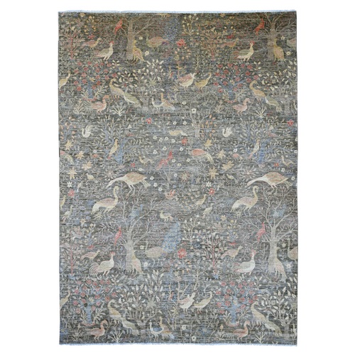 Ash Gray, Afghan Peshawar with Birds of Paradise Design, Soft and Velvety Wool, Vegetable Dyes, Hand Knotted, Oriental Rug