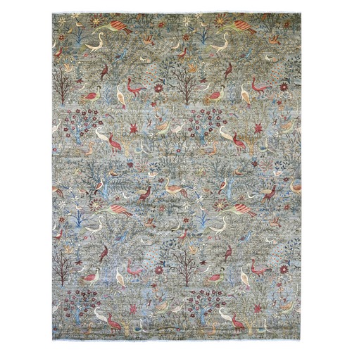 Spanish Gray, Afghan Peshawar with Birds of Paradise Design, Soft and Velvety Wool, Vegetable Dyes, Hand Knotted, Oversized, XL, Oriental 