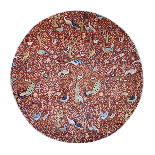 Angels Red, Afghan Peshawar with Birds of Paradise Design, Hand Knotted, Soft and Shiny Wool, Vegetable Dyes, Round, Oriental 
