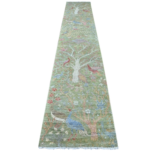 Pickle Green, Hand Knotted, Afghan Peshawar with Birds of Paradise Design, 100% Wool, Vegetable Dyes, XL Runner, Oriental 