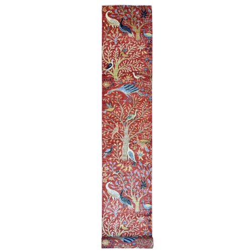Crimson Red, Hand Knotted, Afghan Peshawar with Birds of Paradise Design, Soft and Shiny Wool, Vegetable Dyes, XL Runner, Oriental 