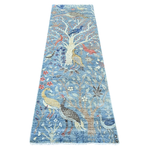 Baby Blue, Afghan Peshawar with Birds of Paradise Design, Vegetable Dyes, Hand Knotted, Soft and Shiny Wool, Runner, Oriental 