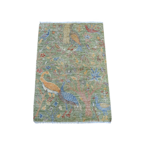 Pickle Green, Hand Knotted, Afghan Peshawar with Birds of Paradise Design, 100% Wool, Vegetable Dyes, Mat, Sample, Oriental 