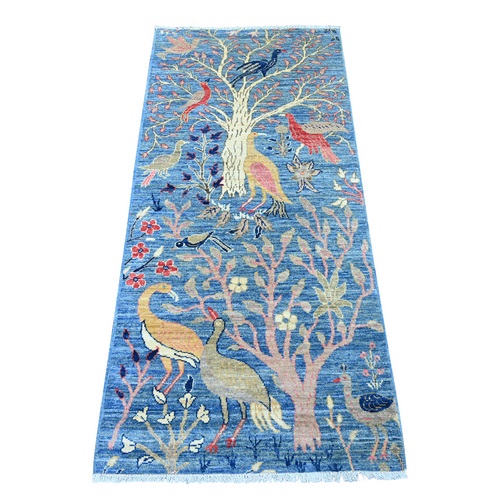 Bayern Blue, Hand Knotted, Afghan Peshawar with Birds of Paradise Design, Vegetable Dyes, Soft and Shiny Wool, Runner, Oriental 
