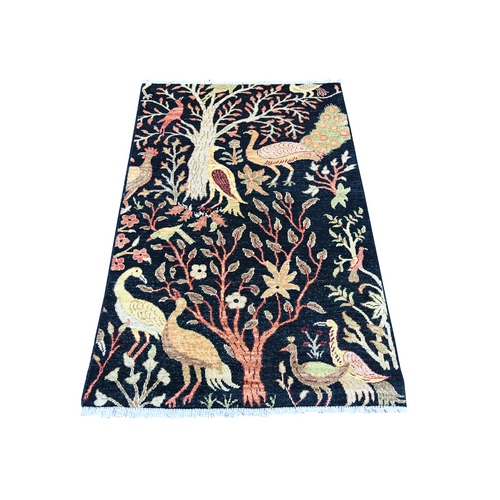 Midnight Black, Afghan Peshawar with Colorful Birds of Paradise Design, Hand Knotted, Soft and Shiny Wool, Vegetable Dyes, Oriental 