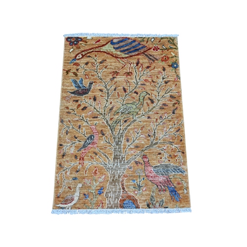Golden Brown, Hand Knotted, Afghan Peshawar with Birds of Paradise Design, Soft and Velvety Wool, Vegetable Dyes, Mat, Sample, Oriental 