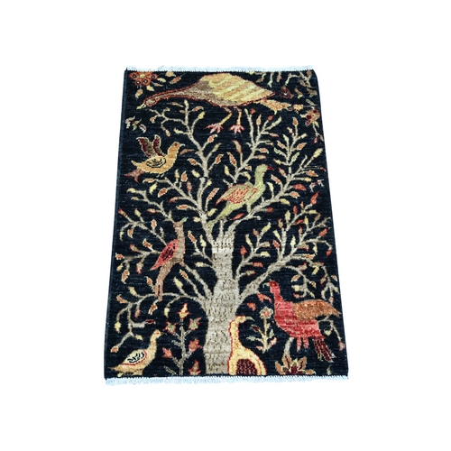 Midnight Black, Afghan Peshawar with Birds of Paradise Design, Hand Knotted, Soft Wool, Vegetable Dyes, Mat, Sample, Oriental 