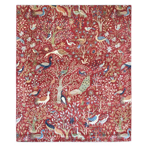 Crimson Red, Hand Knotted, Afghan Peshawar with Birds of Paradise Design, Soft and Shiny Wool, Vegetable Dyes, Oriental 
