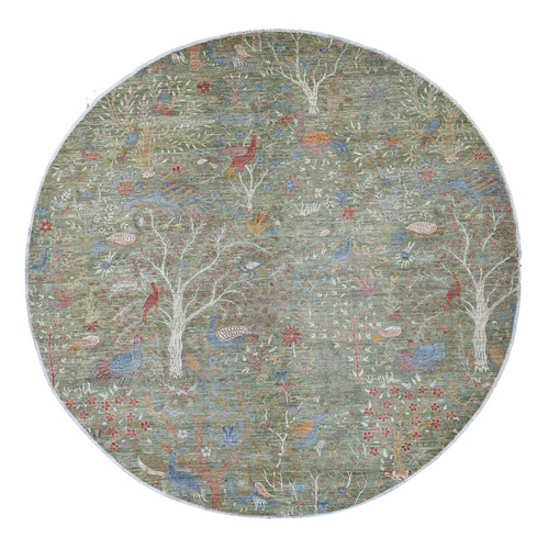 Sage Green, Afghan Peshawar with Birds of Paradise Design, Hand Knotted, 100% Wool, Vegetable Dyes, Round, Oriental 