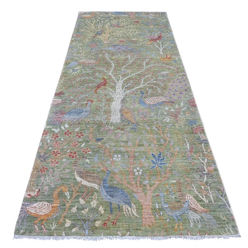 Laurel Green, Afghan Peshawar with Birds of Paradise Design, Hand Knotted, 100% Wool, Vegetable Dyes, Wide Runner, Oriental 