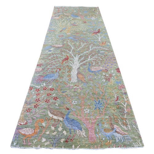 Sage Green, Hand Knotted, Afghan Peshawar with Colorful Birds of Paradise Design, Soft Wool, Vegetable Dyes, Wide Runner, Oriental 