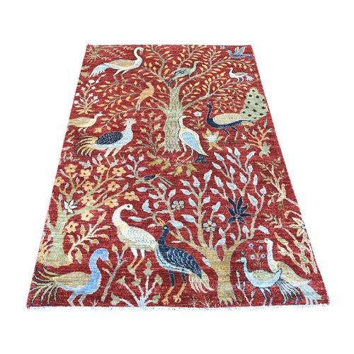 Crimson Red, Afghan Peshawar with Birds of Paradise Design, Hand Knotted, Soft and Vibrant Wool, Vegetable Dyes, Oriental 