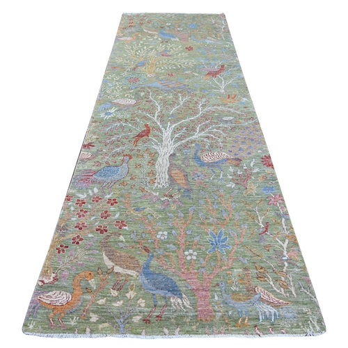 Sage Green, Afghan Peshawar with Birds of Paradise Design, Hand Knotted, 100% Wool, Vegetable Dyes, Wide Runner, Oriental 
