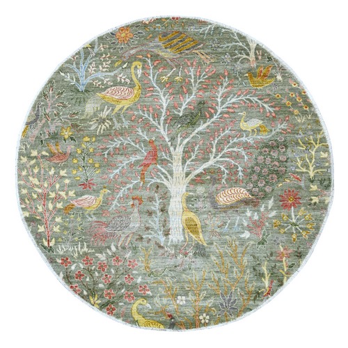Sage Green, Afghan Peshawar with Colorful Birds of Paradise Design, Hand Knotted, Soft Wool, Natural Dyes, Round, Oriental Rug