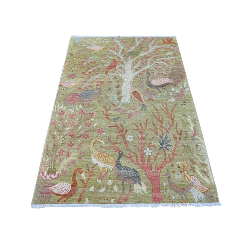 Olive Green, Afghan Peshawar with Birds of Paradise Design, Hand Knotted, Soft and Velvety Wool, Vegetable Dyes, Oriental 