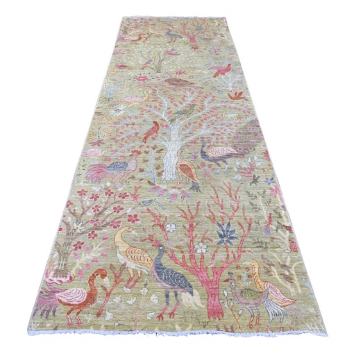 Olive Green, Afghan Peshawar with Birds of Paradise Design, Hand Knotted, Soft and Vibrant Wool, Vegetable Dyes, Wide Runner, Oriental 