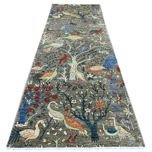 Nevada Gray, Afghan Peshawar with Colorful Birds of Paradise Design, Hand Knotted, Soft and Vibrant Wool, Vegetable Dyes, Wide Runner, Oriental 