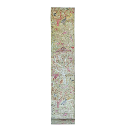 Savannah Green, Afghan Peshawar with Birds of Paradise Design, Hand Knotted, 100% Wool, Vegetable Dyes, Extra Long and Narrow Runner, Oriental 
