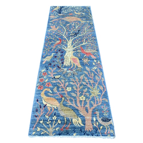 Bayern Blue, Afghan Peshawar with Birds of Paradise Design, Vegetable Dyes, Hand Knotted, Soft and Shiny Wool, Runner, Oriental 