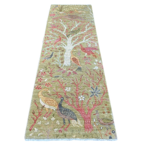 Olive Green, Afghan Peshawar with Colorful Birds of Paradise Design, Hand Knotted, Soft Wool, Natural Dyes, Runner, Oriental 
