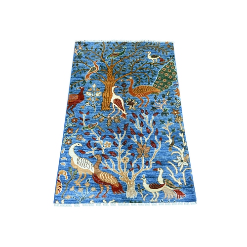 Bayern Blue, Afghan Peshawar with Birds of Paradise Design, Vegetable Dyes, Hand Knotted, Soft and Shiny Wool, Mat, Sample, Oriental 