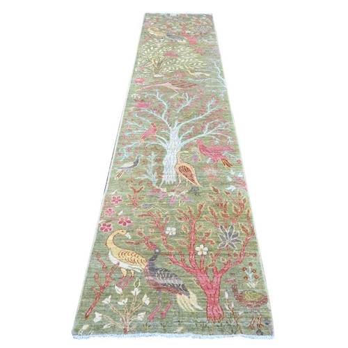 Olive Green, Hand Knotted, Afghan Peshawar with Colorful Birds of Paradise Design, Soft Wool, Natural Dyes, Runner, Oriental 