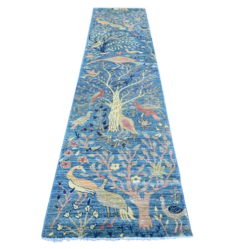 Bayern Blue, Afghan Peshawar with Birds of Paradise Design, Hand Knotted, Soft and Shiny Wool, Vegetable Dyes, Runner, Oriental 