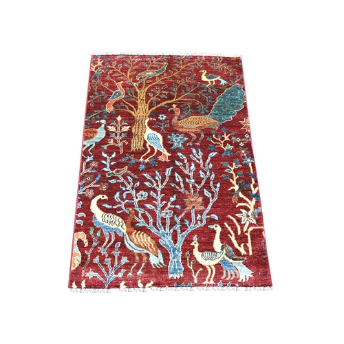 Crimson Red, Afghan Peshawar with Birds of Paradise Design, Hand Knotted, Soft and Velvety Wool, Vegetable Dyes, Mat, Sample, Oriental 