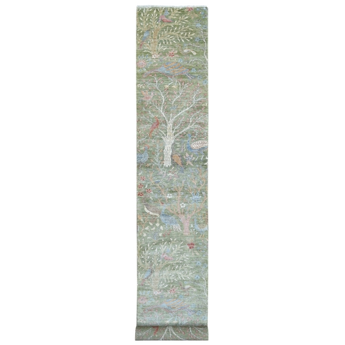 Sage Green, Afghan Peshawar with Birds of Paradise Design, Hand Knotted, Soft Wool, Natural Dyes, XL Runner, Oriental 
