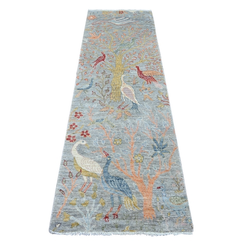 Misty Gray, Afghan Peshawar with Birds of Paradise Design, Soft and Velvety Wool, Vegetable Dyes, Hand Knotted, Runner, Oriental Rug