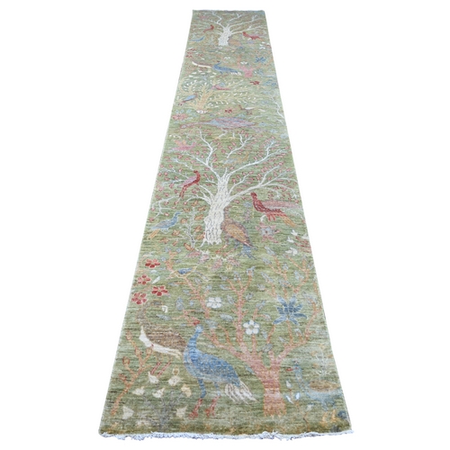 Pickle Green, Hand Knotted, Afghan Peshawar with Birds of Paradise Design, Soft Wool, Vegetable Dyes, XL Runner, Oriental 